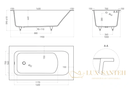 ванна salini orlanda 102024m s-stone 190x100 см, белый