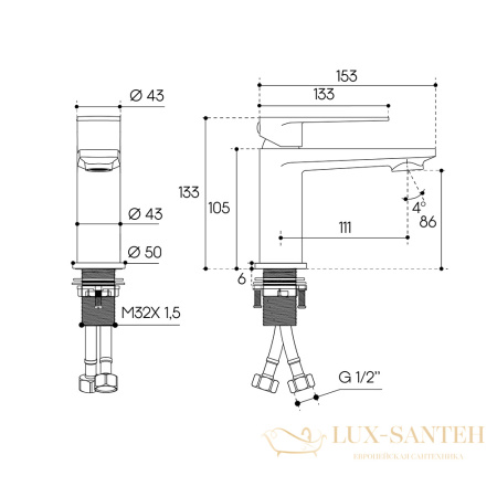 смеситель для раковины aqueduto linha s, lin0145, оружейная сталь