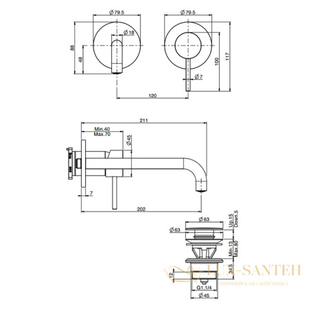 cмеситель для раковины  встраиваемый fima carlo frattini spillo up f3051wlx9ns, излив 20 см, внешняя часть, черный матовый