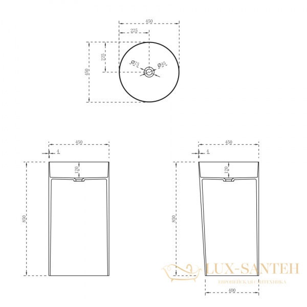 раковина напольная пристенная abber stein as2506, вертикальный выпуск, 45х45х85h, белый матовый