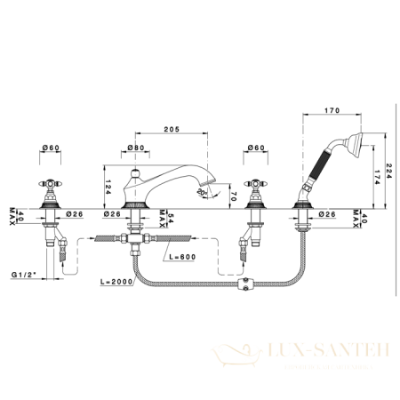смеситель на борт ванны nicolazzi impero, 1204go36, 4 отверситя, излив 205 мм, с ручным душем, золото