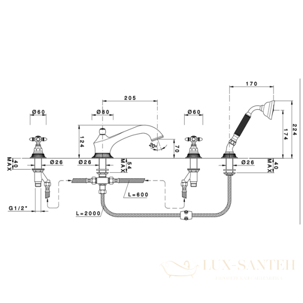 смеситель на борт ванны nicolazzi impero, 1204go36, 4 отверситя, излив 205 мм, с ручным душем, золото