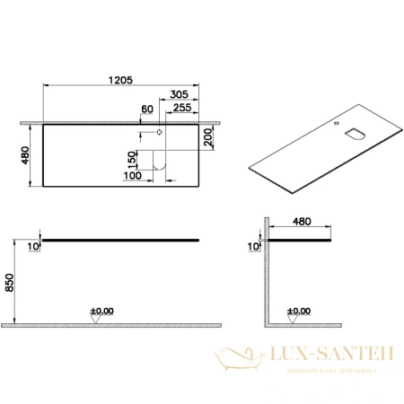столешница vitra origin 65732 120,5 см r, черный
