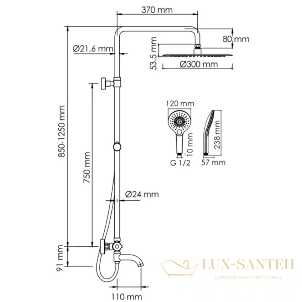 душевая система wasserkraft a188.116.101.087.ch thermo 300 мм, хром