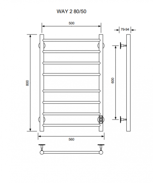 полотенцесушитель электрический кабельный ника way-2 80/50 ral9005 черный матовый u