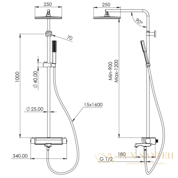 душевая система teska mira dk3680 250 мм, черный матовый