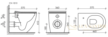 приставной безободковый унитаз ceramica nova mia cn1810 с сиденьем микролифт, белый