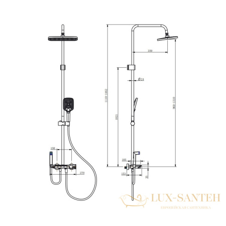 душевая система для ванны 075011, berges pulsar, с термостатом, встроенным изливом и гигиеническим душем, хром глянцевый