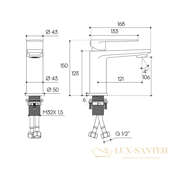 смеситель для раковины aqueduto linha m, lin0245, оружейная сталь