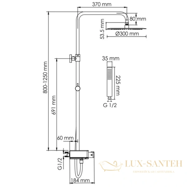 душевая система wasserkraft abens a114.160.218.cb thermo 300 мм, черный матовый