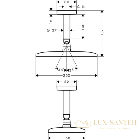 верхний душ hansgrohe raindance e 240 air 1jet 27380000, потолочное подсоединение 100 мм, ½’
