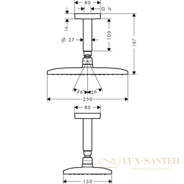 верхний душ hansgrohe raindance e 240 air 1jet 27380000, потолочное подсоединение 100 мм, ½’