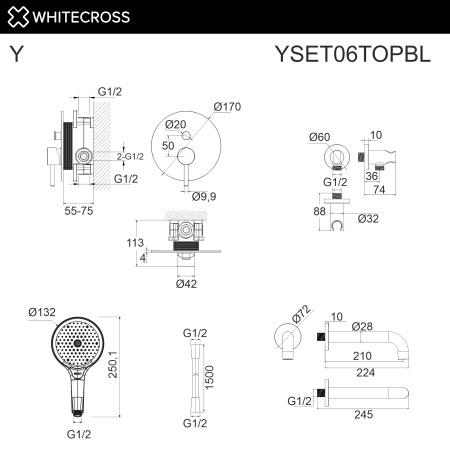 термостатическая система для ванны скрытого монтажа whitecross y, yset06topbl, черный матовый