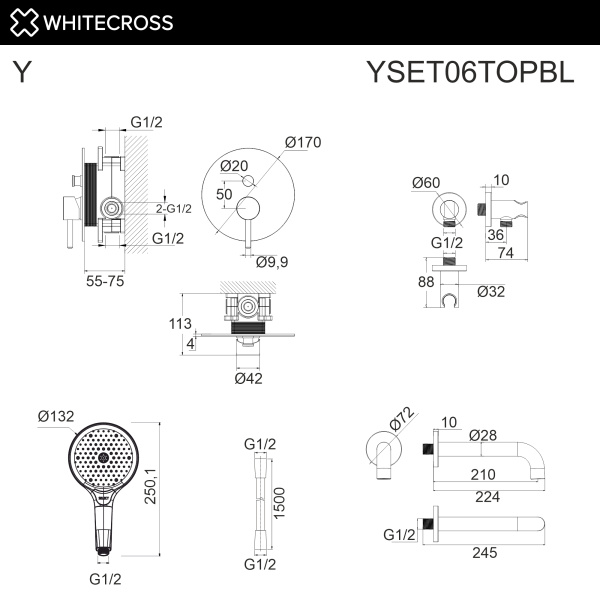 термостатическая система для ванны скрытого монтажа whitecross y, yset06topbl, черный матовый