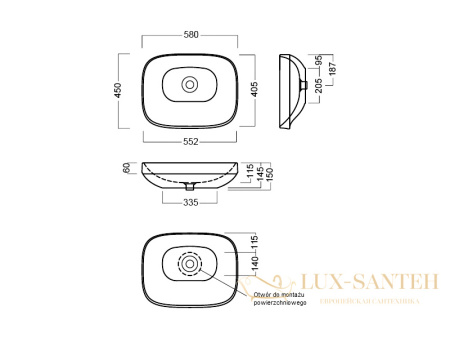 раковина накладная hatria abito a0yxxa02, без отверстий для смесителя, без перелива, 58x48x15 см, черный матовый