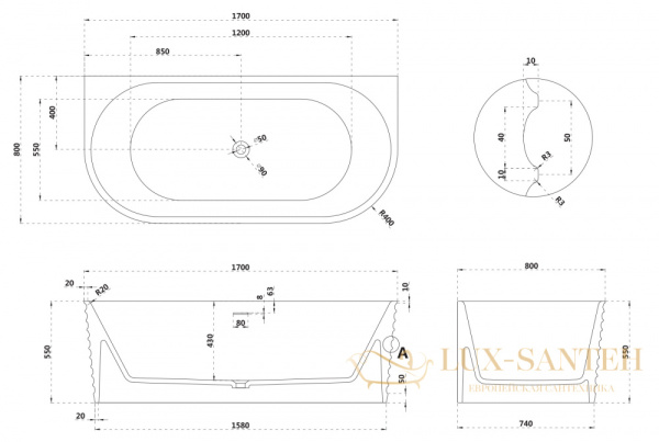 ванна пристенная из искусственного камня abber stein as9652, правосторонняя, 170х80х55h см, белый матовый 