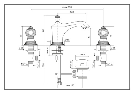 смеситель для раковины emmevi the one 98033sw/or на 3 отверстия, металлические ручки + прозрачные кристаллы, золото