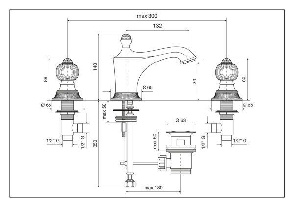смеситель для раковины emmevi the one 98033sw/cr на 3 отверстия, металлические ручки + прозрачные кристаллы, хром