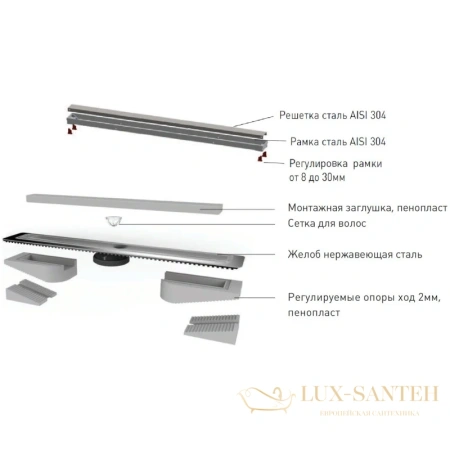 душевой канал berges b1 keramik 090118 700 мм, 2 в 1 с основой под плитку, матовый хром