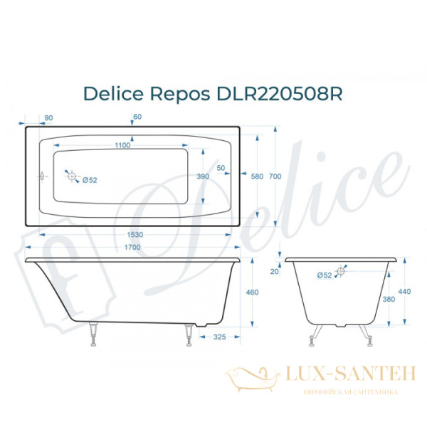 ванна чугунная delice repos 170х70 dlr220508, белый глянцевый