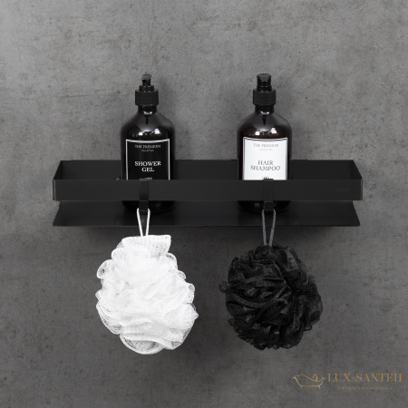 полка для душа lemark shelf line 9772053, 400 мм с крючками, черная матовая