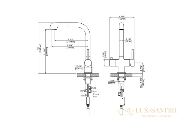 смеситель для кухни  timo saona 2346/17fl, с подключением к фильтру и выдвижным изливом, золото матовое