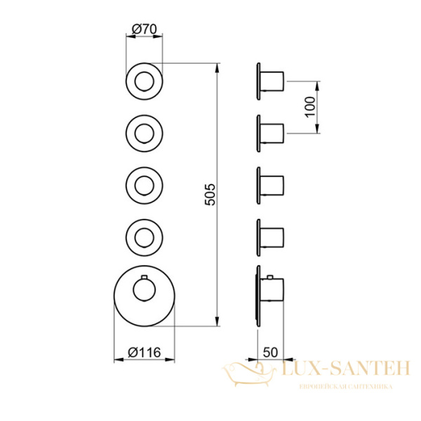 термостат для душа встраиваемый almar high flow e180034.hb, на 4 выхода, внешняя часть, латунь брашированная pvd