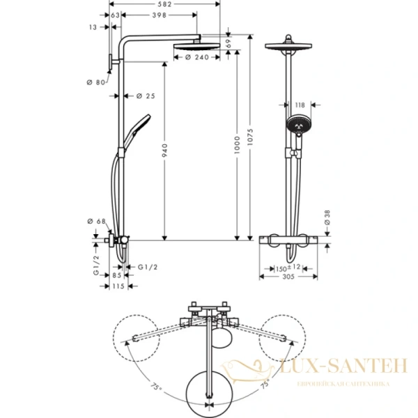 душевая система hansgrohe raindance select s 27129000 240 мм 2jet showerpipe, ½’ хром