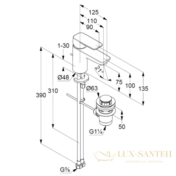смеситель для раковины kludi pure&style 403820575 с донным клапаном, хром