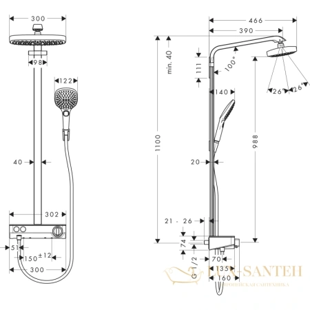 душевая стойка hansgrohe raindance select showerpipe e300 2jet ecosmart 9 л/мин с showertablet select 300 (хром) 27283000
