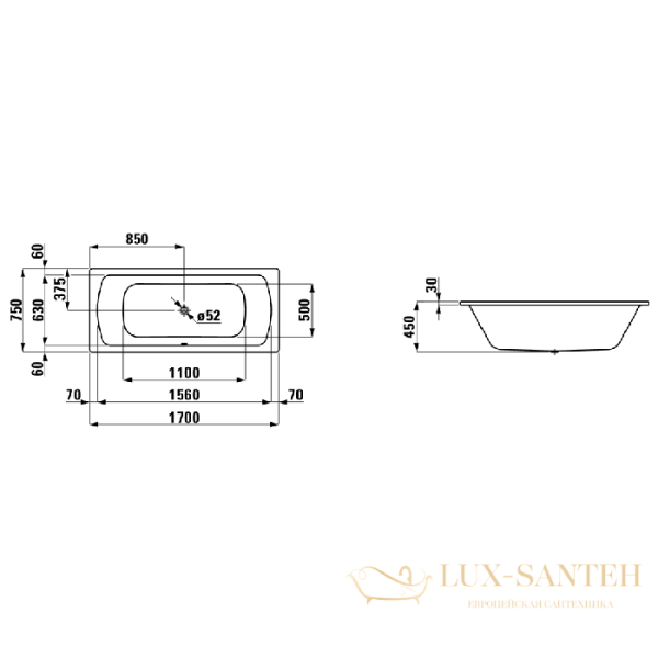 ванна стальная (3,5 мм) laufen pro 2.2695.0.600.040.1, 1700x750 мм, с шумоизоляцией, антискользящим покрытием, белый глянцевый