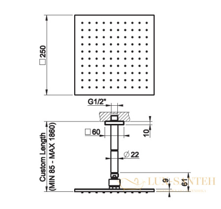 верхний душ gessi rilievo 59159.030 250*250 мм, copper pvd