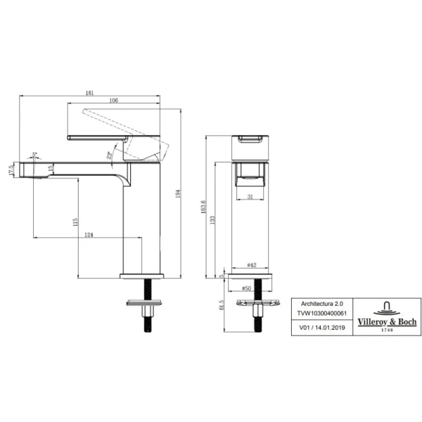 смеситель villeroy & boch architectura tvw10300400061 для раковины с донным клапаном, хром