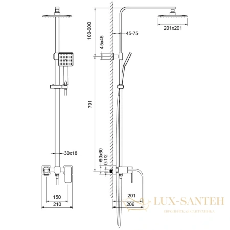 душевая система timo selene sx-1013/03 201 мм, черный