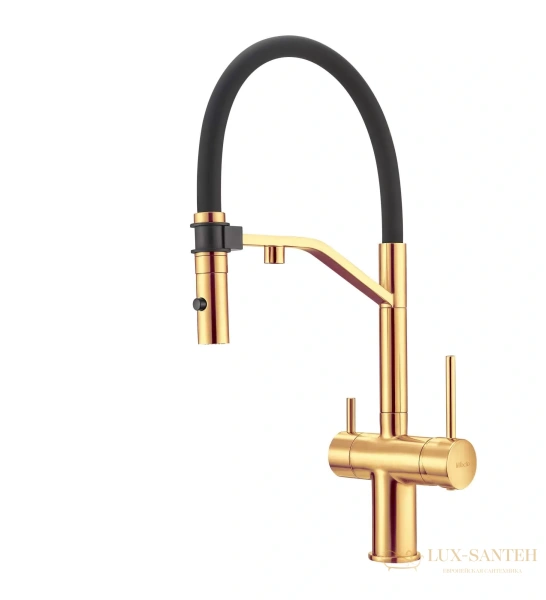 смеситель для кухни под фильтр с гибким изливом milacio ultra mcu.557.gd, золото брашированное/черный