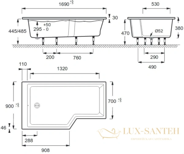 акриловая ванна jacob delafon bain douche neo 170x90 l e6d002l-00