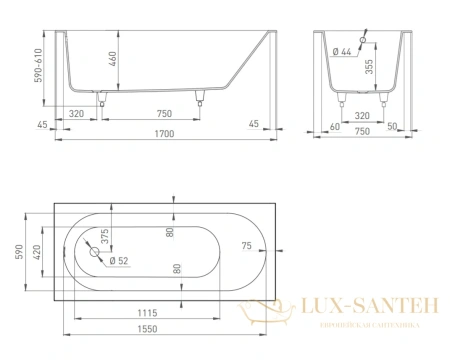 ванна salini ornella 102321m s-stone 170x75 см, белый