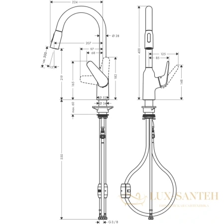 смеситель для кухни hansgrohe focus m42 с вытяжным изливом сталь (71800800)