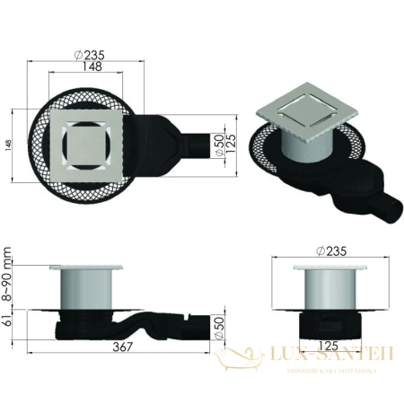 душевой трап berges platz norma 091159 148x148/50 мм, хром