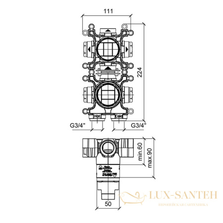 встраиваемая часть almar modular e186905, термостатического смесителя на 2 выхода, вертикальный монтаж