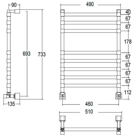 полотенцесушитель водяной 107,6х53,5 margaroli sole 464tq468mb, черный матовый