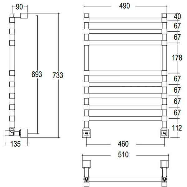 полотенцесушитель водяной 107,6х53,5 margaroli sole 464tq468mb, черный матовый