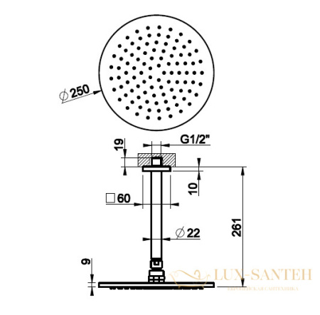 верхний душ gessi rilievo 59152.030 ø 200 мм, copper pvd