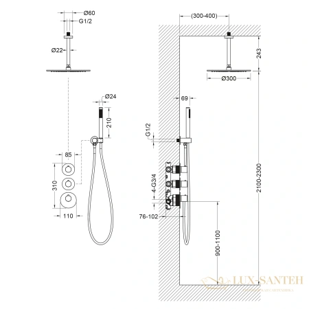 душевая система для душа термостатическая встраиваемая timo saona sx-2399/17sm, золото матовое