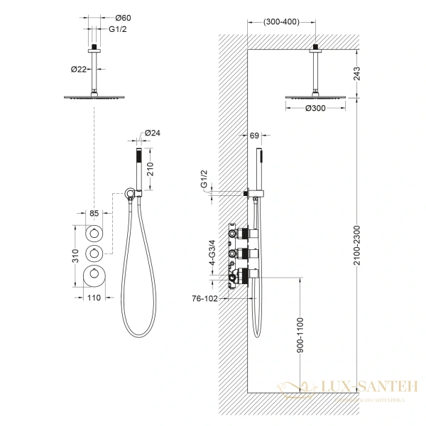 душевая система для душа термостатическая встраиваемая timo saona sx-2399/18sm, черное золото