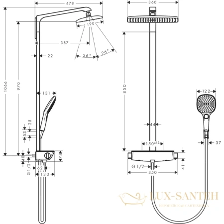 душевая стойка hansgrohe raindance e 360 27286400 showerpipe, ecosmart, белый - хром