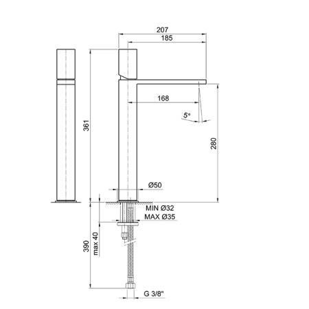 смеситель для раковины, fantini milano, 31 93 3006wf, 1 отв., без донного клапана, излив 170мм, h=280мм, матовая натуральная сталь