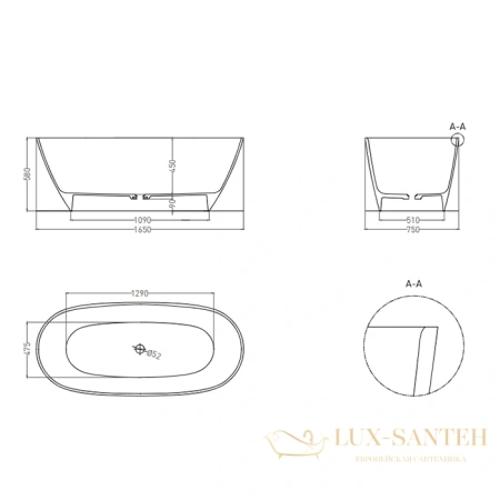 ванна salini sofia light 103611g s-sense 165x75 см, белый