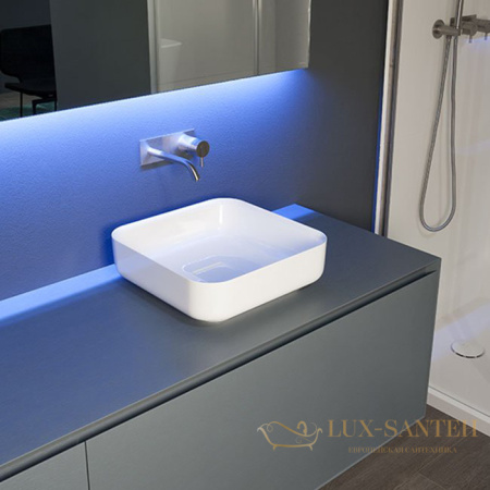 раковина накладная antonio lupi bolo bolomood40, 40х40 см, без перелива, с донным клапаном (хром), из материала: flumood, белый глянцевый