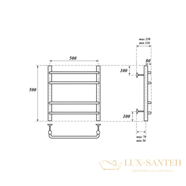 полотенцесушитель  500x500 электрический point нептун pn09155e п4 левый/правый, хром
